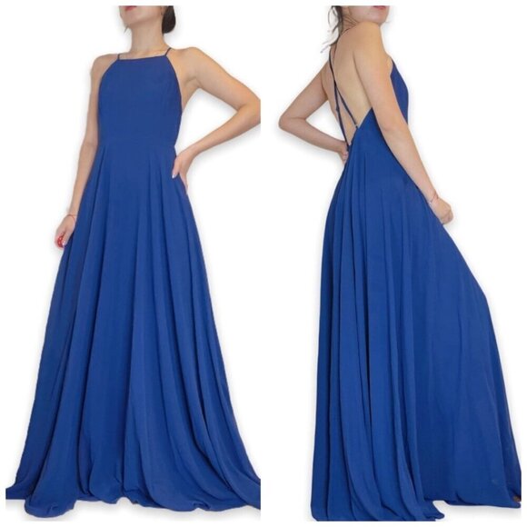 Lulus Mythical Kind of Love Chiffon Flowy Blue Halter Neck Maxi Gown Dress Sz S - Picture 3 of 15